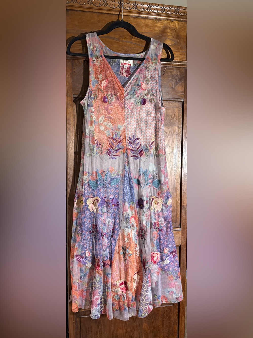 Johnny Was Multicolor Floral Patchwork V‑Neck Dress